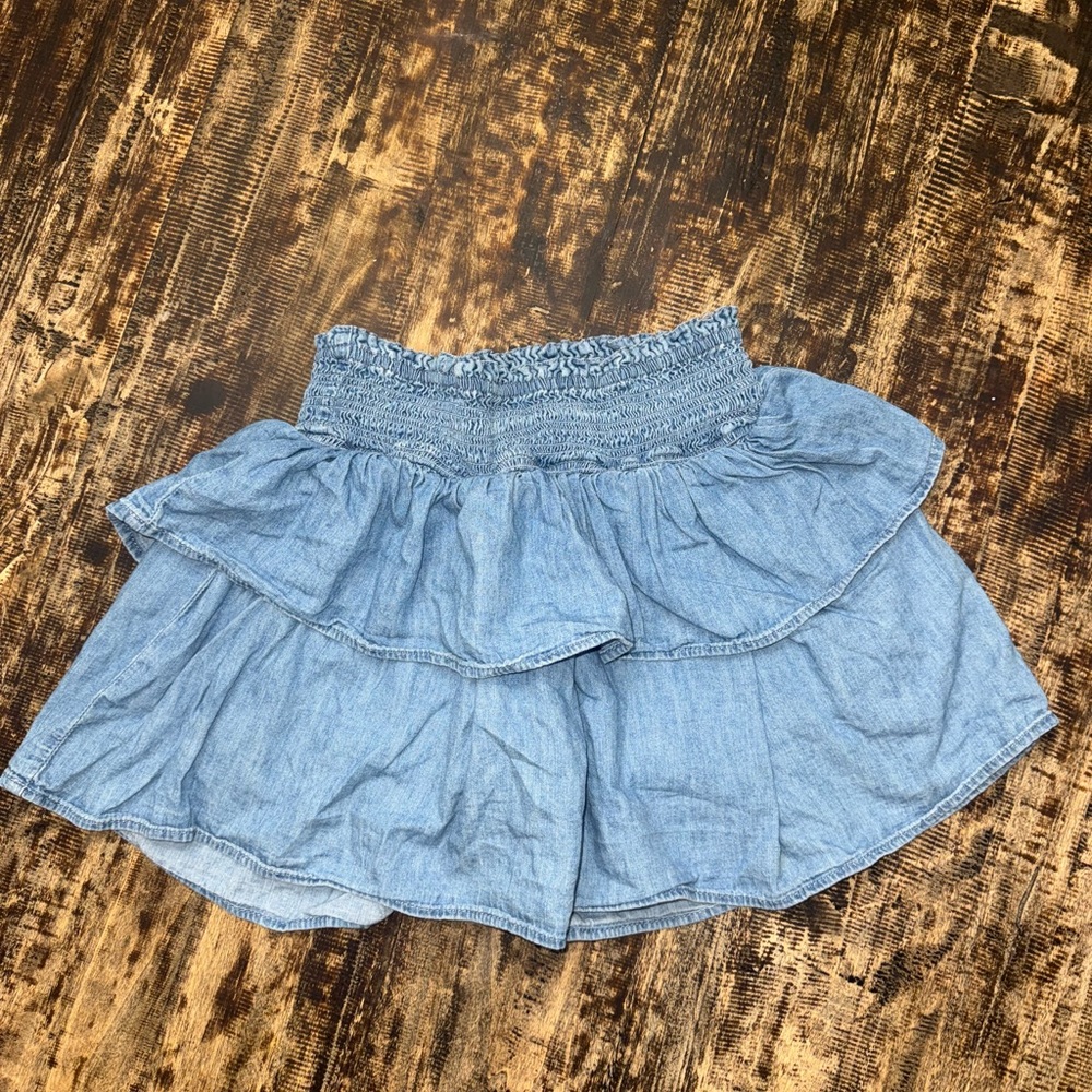 GAP Blue Denim Bubble Mini Skirt With Shorts Under and Ruffled Tiers